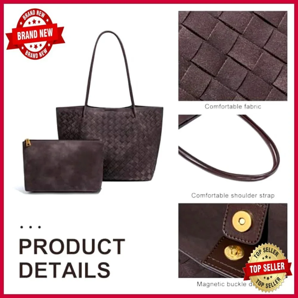 Large Woven Leather Tote Bag with Bonus Pouch, Spacious Work Handbag